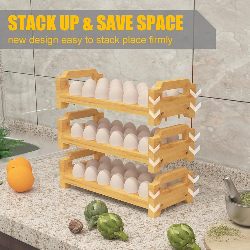 MinBoo Bamboo Egg Holder Countertop - Stackable Design for Fresh Eggs, Farmhouse Egg Tray Storage Display Rack, Kitchen Counter Top Organizer Wooden Egg Stand, Fits Quail, Duck, Turkey, Chicken Eggs (Luxury) - Image 3